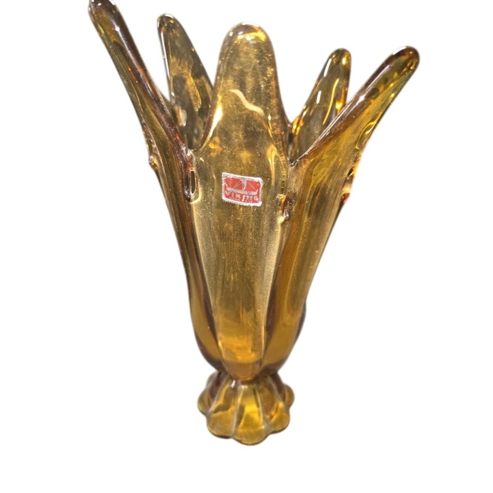 Viking Glass Amber Swung Vase Mid Century Modern 8 Petal Footed Art Glass 10 in.